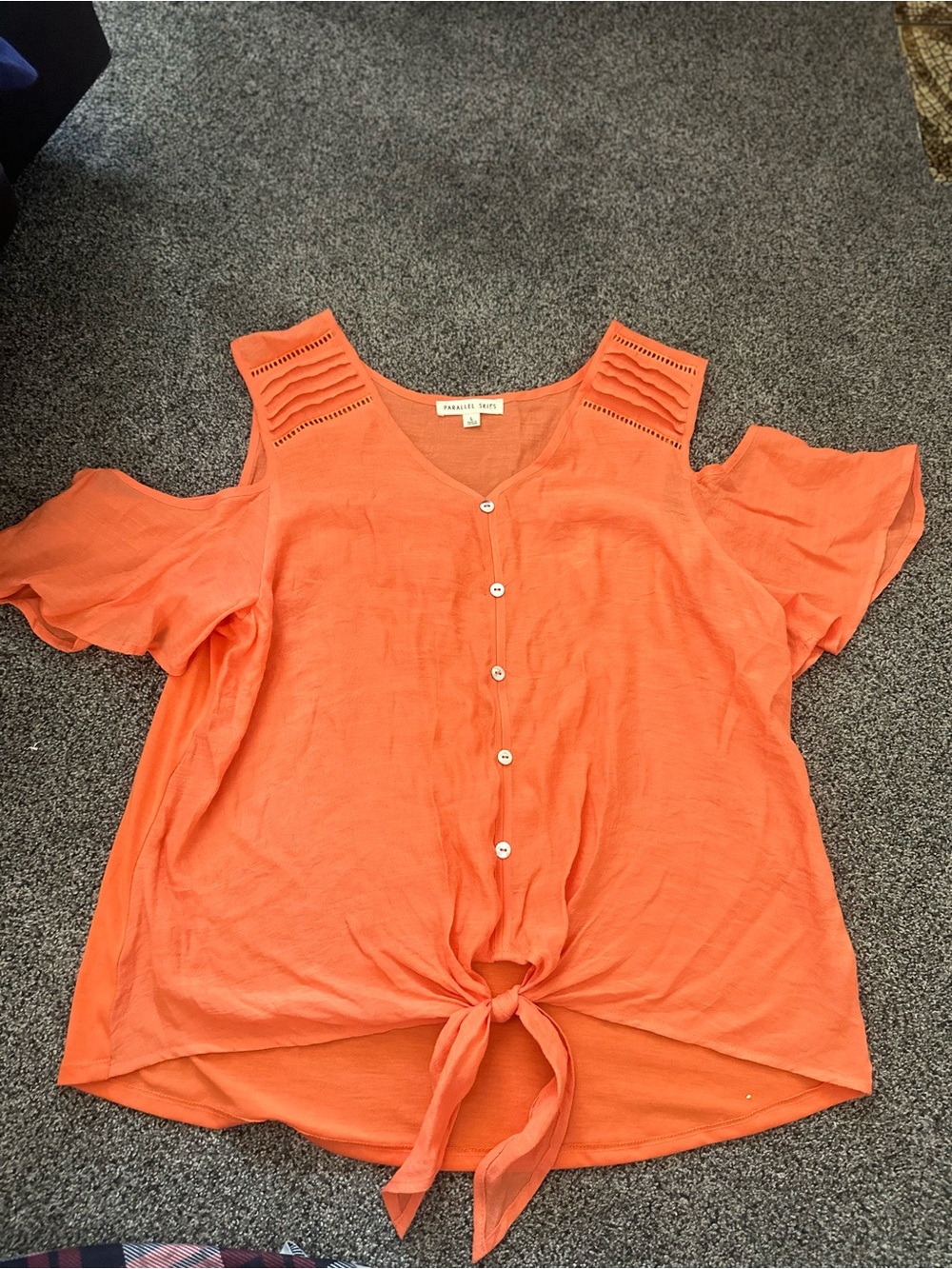 Parallel Skies-Cold-Shoulder Tie Front Blouse in Orange by Splendid Soul-L